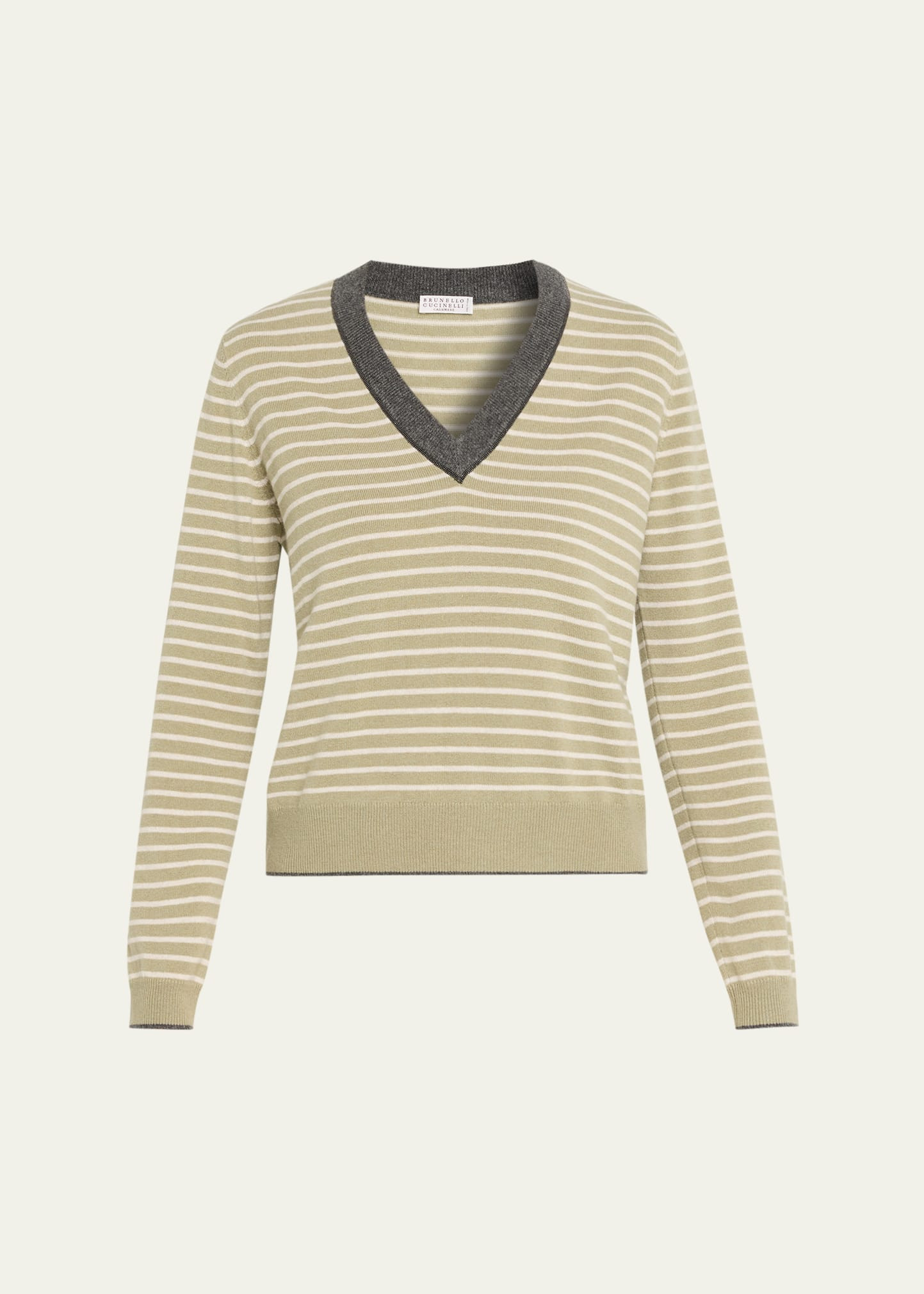Brunello Cucinelli Striped Wool-Cashmere V-Neck Sweater | Bergdorf Goodman
