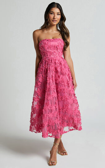 RHEIVA Midi DRESS - STRAPLESS 3D EMBROIDERY Midi DRESS in Pink | Showpo (US, UK & Europe)