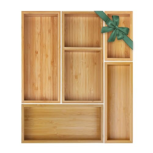 Bamboo Drawer Organizer Set, 5 PCS Multi-Use Individual Wood Storage Organizers, Junk Drawer Divider and Storage Trays Containers for Kitchen, Bathroom, Office Desk, Makeup, Jewelry, Utensils | Amazon (US)
