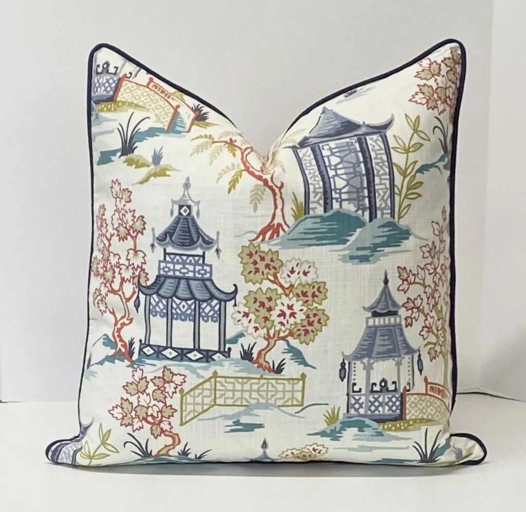 Decorative Pillow Cover in Chinoiserie Toile Pagoda Fabric - Etsy | Etsy (US)