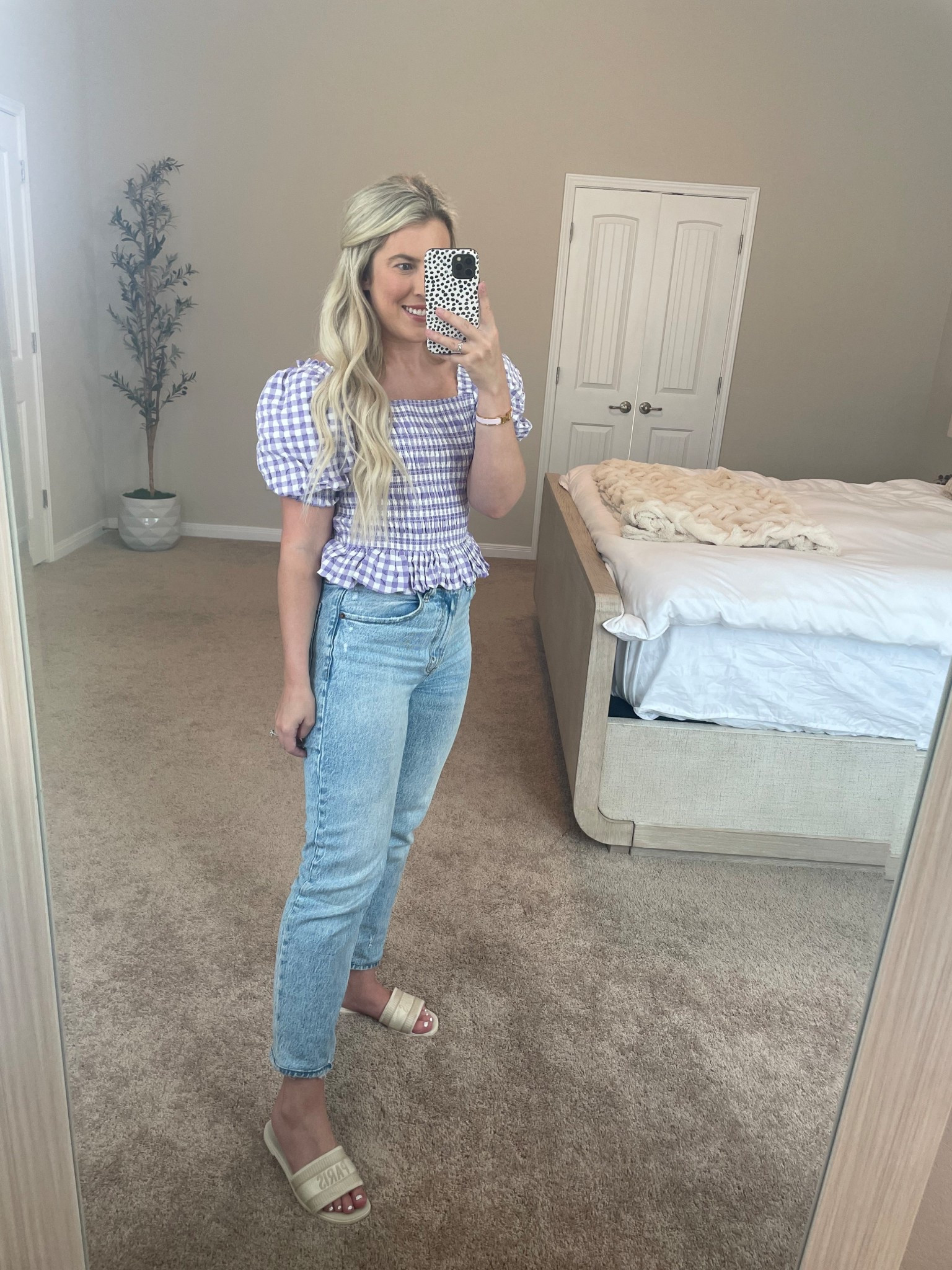 Cutest Spring outfit 🌸 #spring #springtop #summer #vacation #slides #jeans 

#LTKootd #LTKWorkwear #LTKPetite