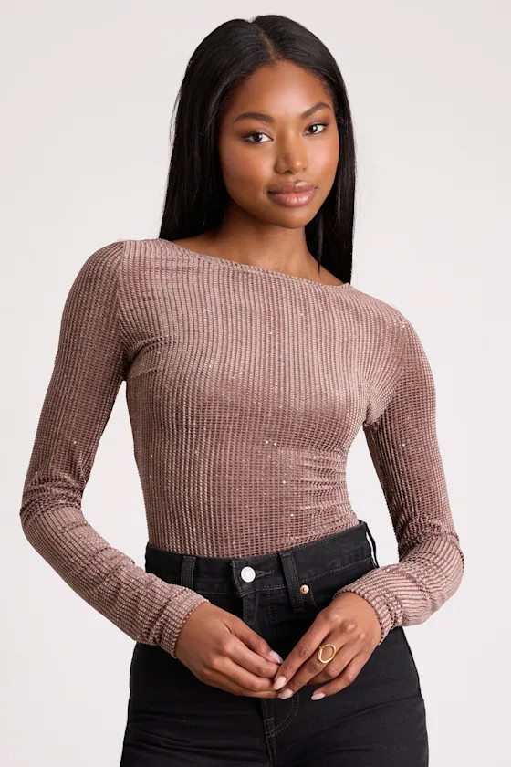 Gina Light Brown Shiny Velvet Long Sleeve Top | Lulus