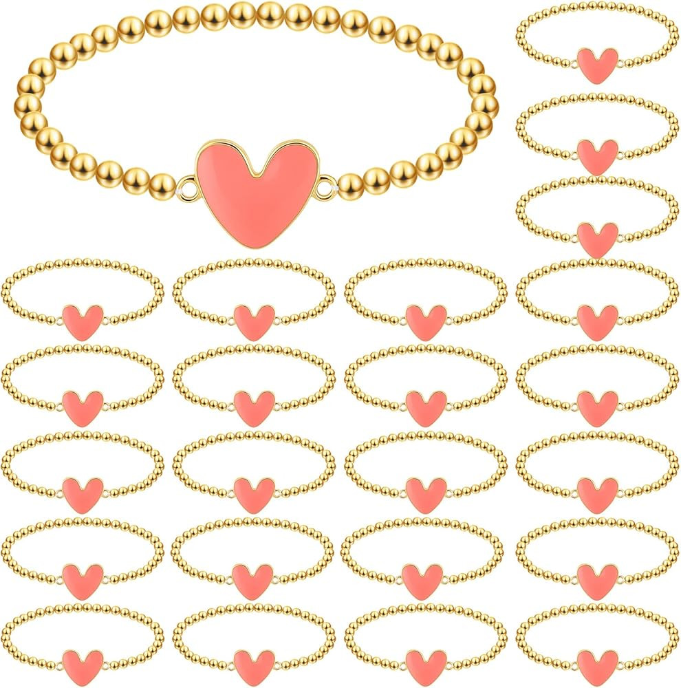 Landical 24 Pack Valentines Bracelets Gift Bulk Pink Heart Gold Bead Bracelets Galentine Day Gift... | Amazon (US)