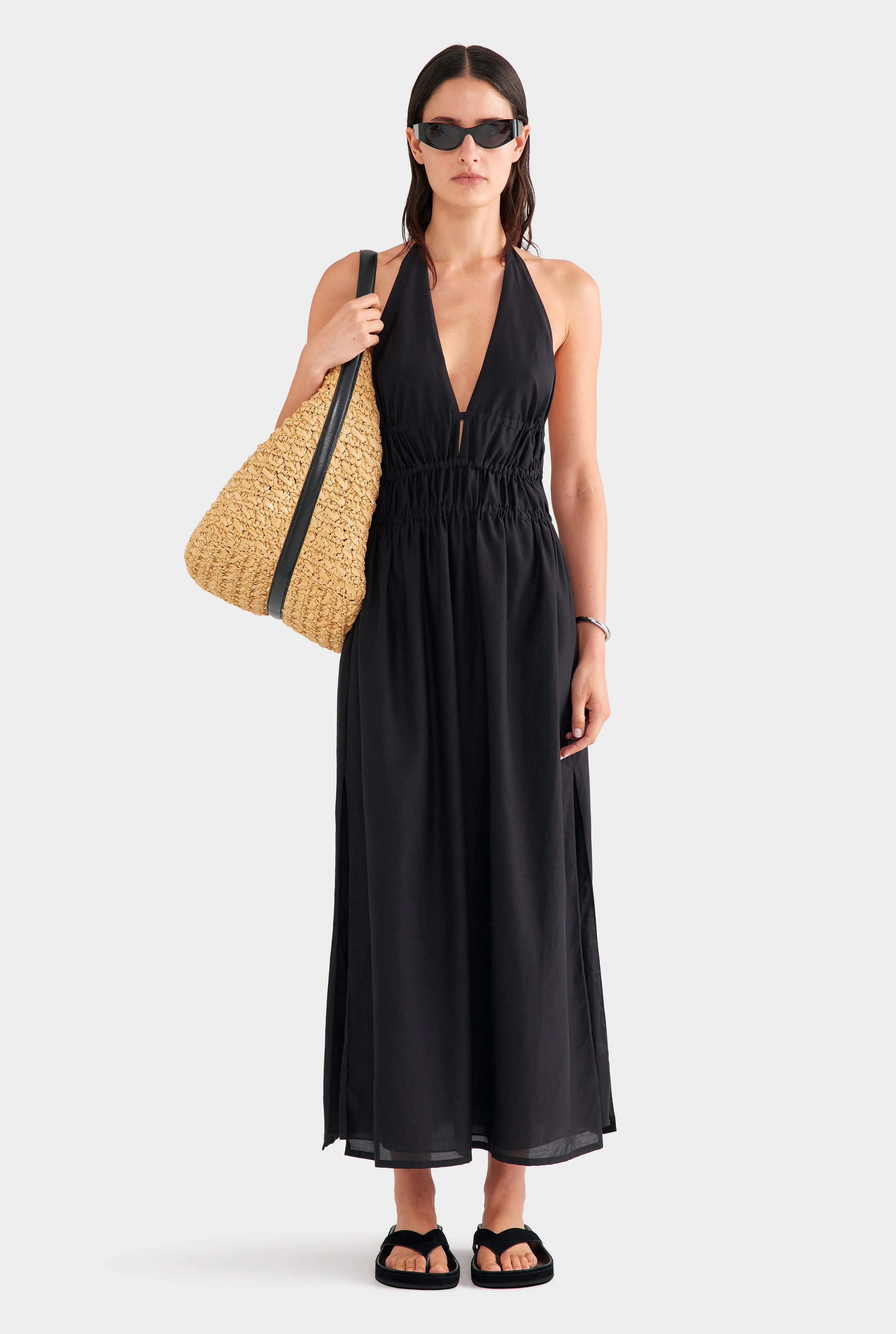 Silk Cotton Gathered Halter Maxi Dress Black | Venroy | Venroy AU