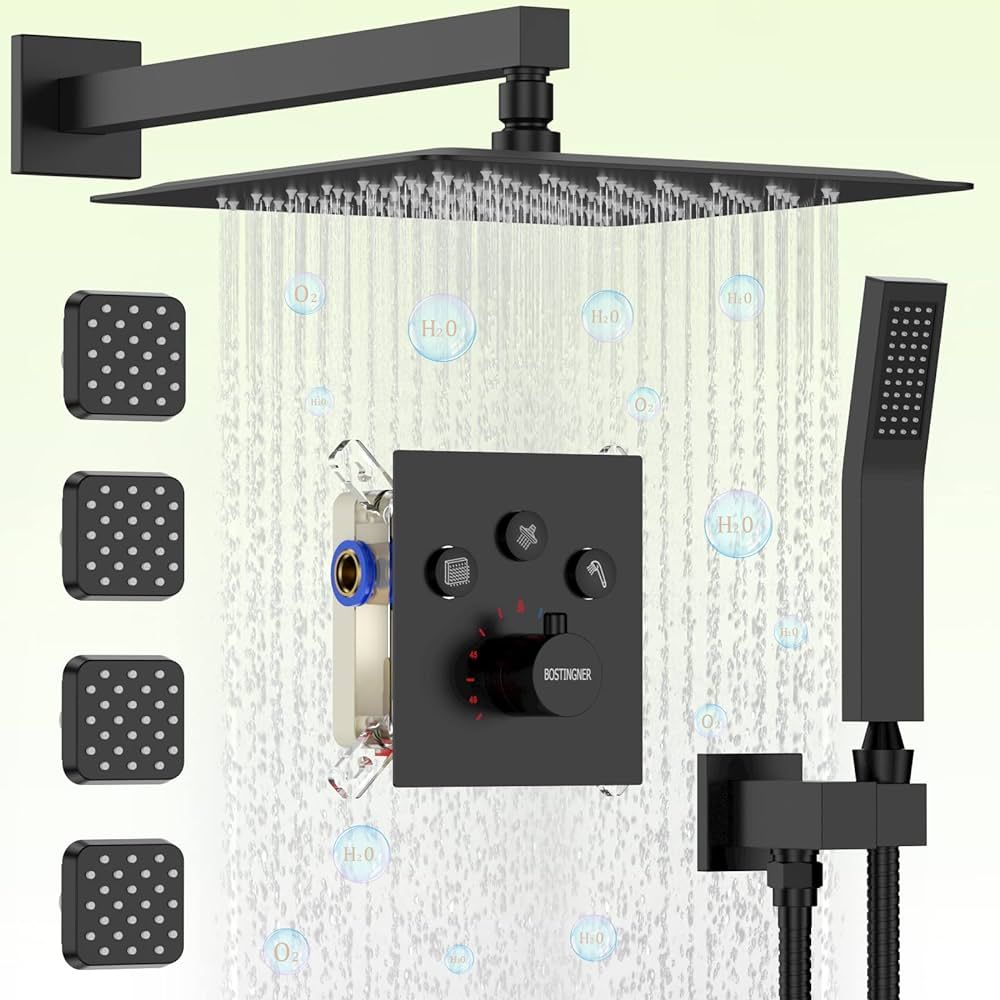 Thermostatic Rain Shower System, 12 Inch Matte Black Wall Mount Faucet Set with Body Jets and Val... | Amazon (US)
