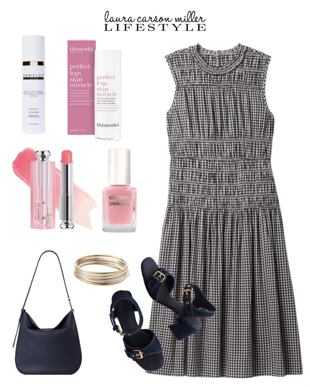 Just add your favorite jacket, cardigan or cropped trench to wear this beautiful gingham dress right now. It’s on sale, my friends! I personally love this tinted product for color or your legs or anywhere on your body. Totally customizable for a bit of tint or full on tan. Don’t forget your daily facial SPF too - I’ve been using this tinted moisturizer with sunscreen for many years. The matte formula keeps me looking calm, cool and collected during those sweltering Atlanta summers! A complete must have!! 
Laura Carson Miller,  navy, gingham, pink, spring beauty, spring style, sale alert, tinted moisturizer, lip balm, nail polishh

#LTKSaleAlert #LTKFindsUnder100 #LTKBeauty