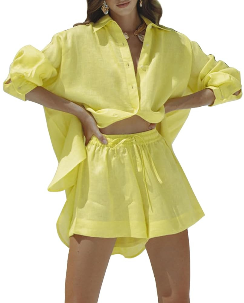 Fixmatti Women 2 Piece Outfits Long Sleeve Button Down Shirt and Shorts Set Casual Sweatsuits | Amazon (US)