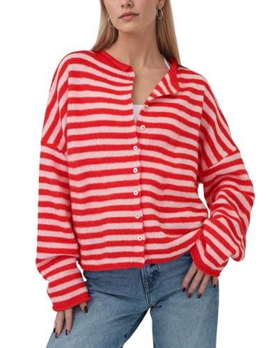 AIHUKOCY Women Casual Striped Cardigan Button Front Knit Shirt Cover Up Lightweight Summer Beach Fall Open Front Sweater Red | Amazon (US)