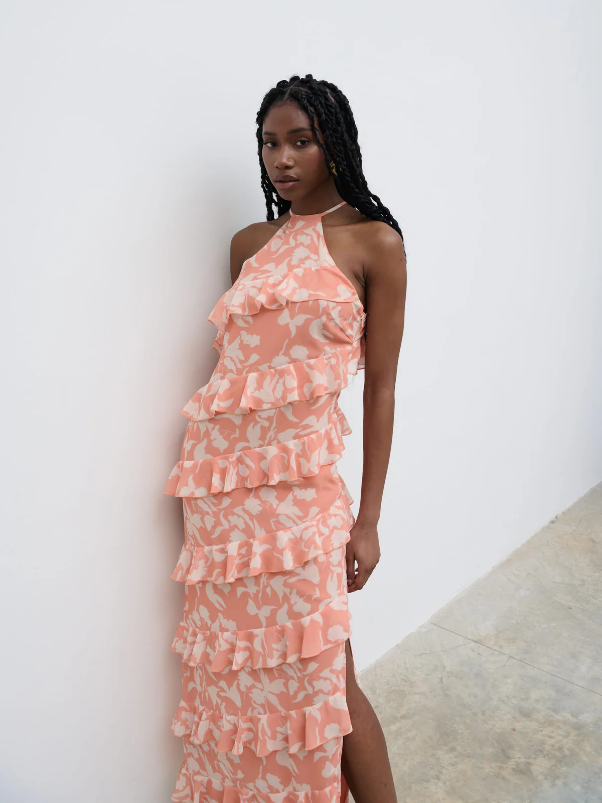 Katy Ruffle Maxi Dress - Terracotta Botanic | Pretty Lavish (UK)