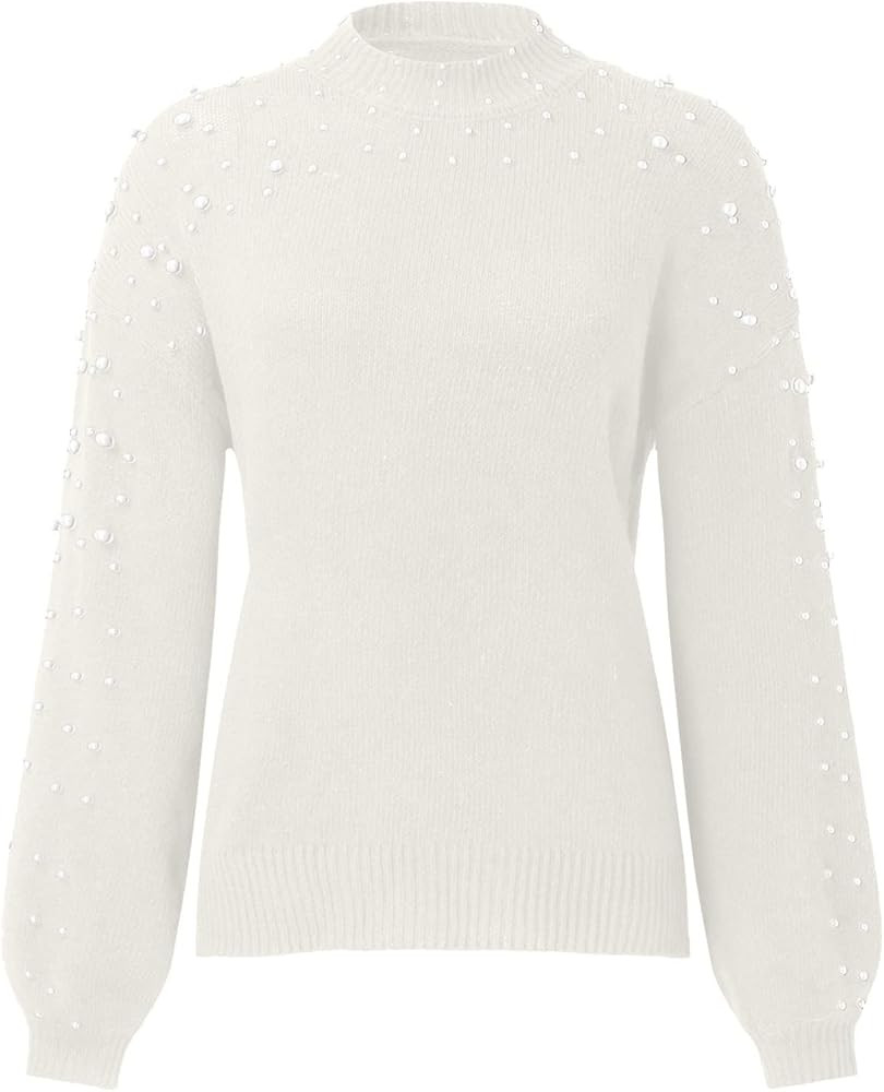 Heevina Sweaters for Women Knitted Knit Crewneck Pearl Solid Color Puff Bubble Long Sleeve Base C... | Amazon (US)