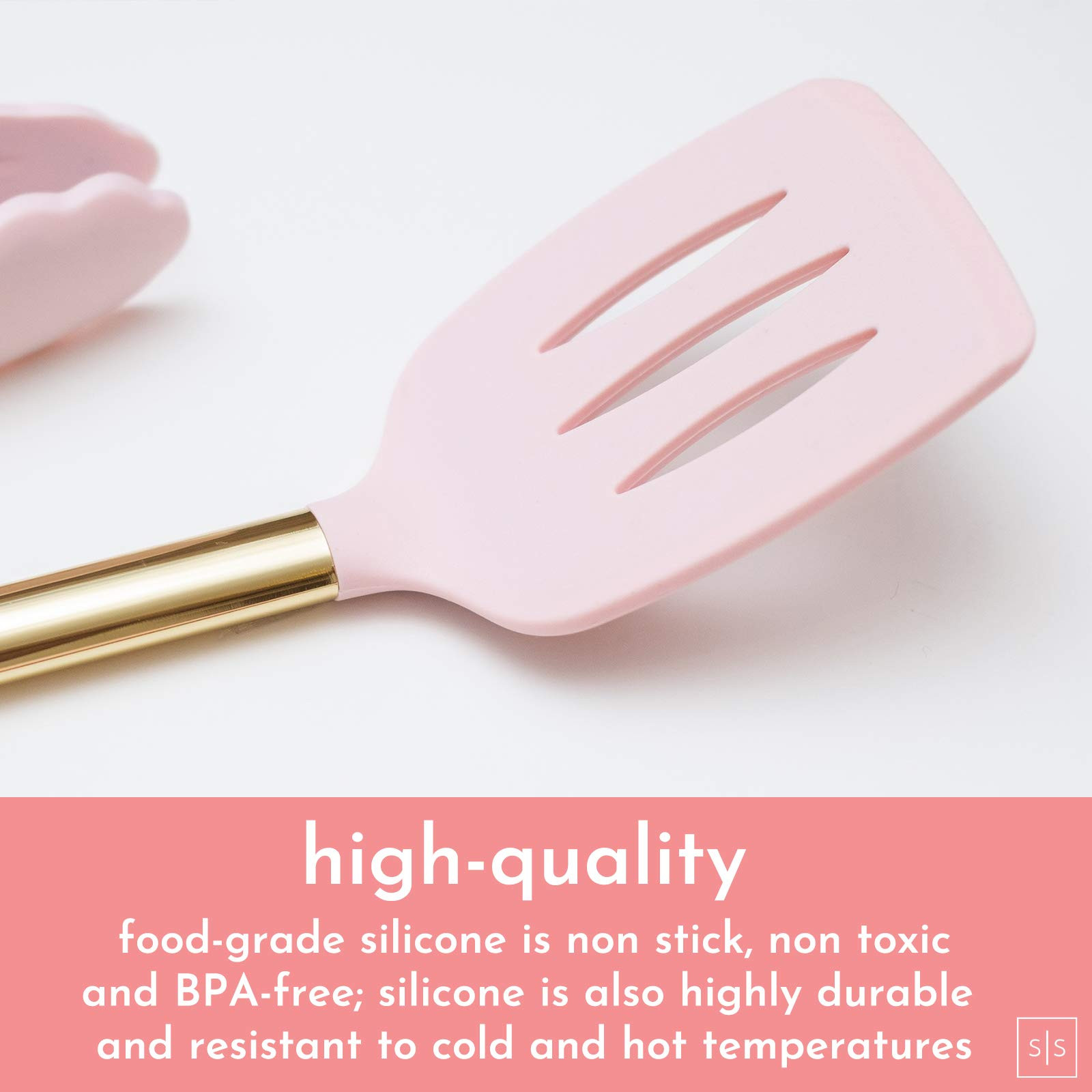 Gold and Pink Kitchen Utensil Set with Holder - 7-Piece Cooking Tools with Gold Whisk, Ladle, Ton... | Amazon (US)