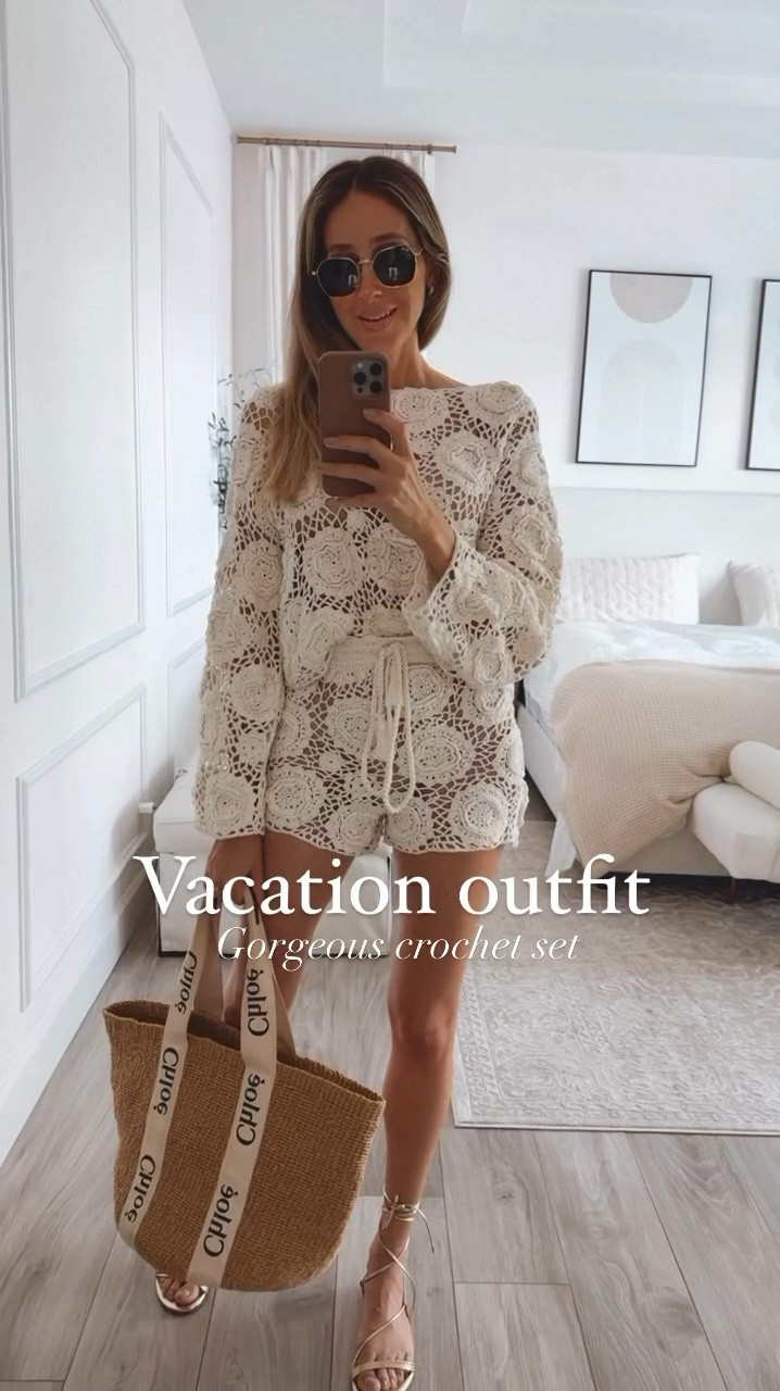 Gorgeous crochet set! The perfect feminine and chic cover up.
It runs tts! I am wearing a size small.
.
These Amazon sandals are so comfortable and so beautiful! This is my second year using them and I love it! 
.
Added one of my favorite beach totes 

#LTKover40 #LTKU #LTKswim