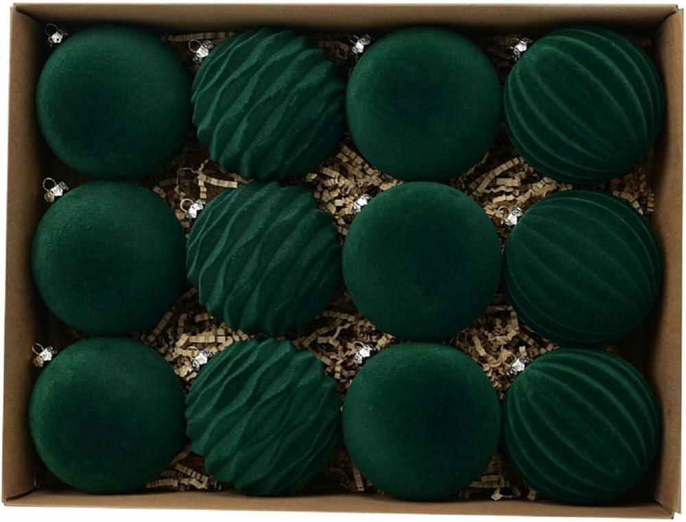 Farmhouse Christmas Ball Ornaments, Set of 12 Velvet Baubles for Tree Decoration (Green) | Amazon (US)