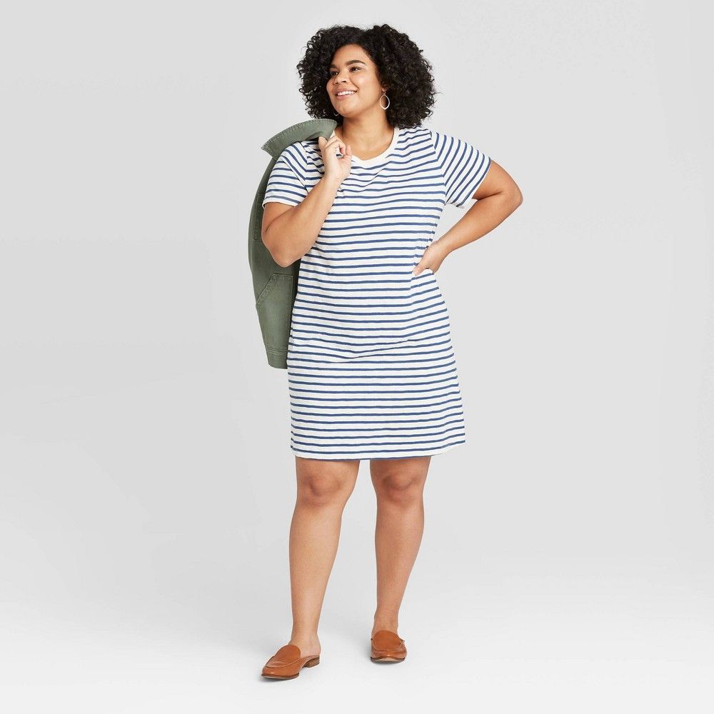 Women's Plus Size Striped Short Sleeve T-Shirt Dress - Universal Thread Blue/White 1X | Target