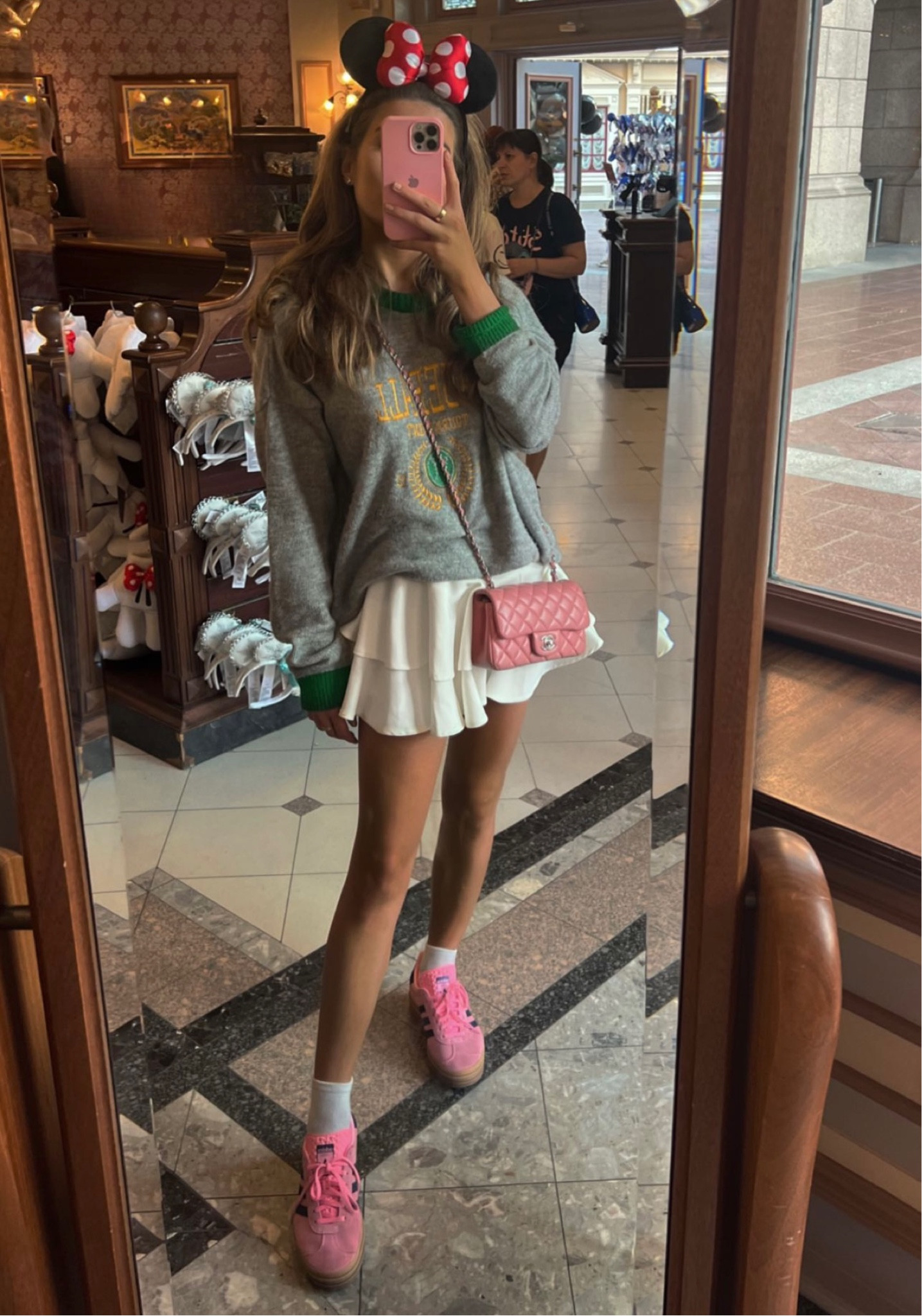 Disney mirror selfie, traveling outfit, exploring outfit, rara skirt, white mini skirt, platform Adidas gazelles, transitional styling, grey jumper, pink accessories, autumnal fashion, Paris 

#LTKSeasonal #LTKeurope #LTKstyletip