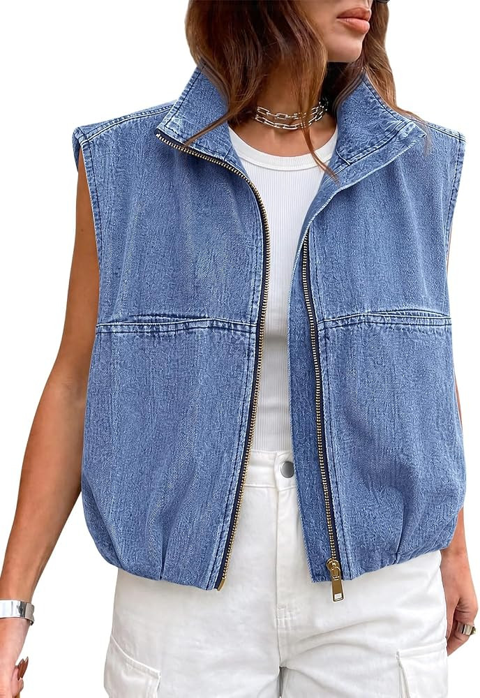 Tankaneo Womens Zip Up Denim Vests Oversized Ruched Hem Jean Tops Summer Trendy Casual Sleeveless... | Amazon (US)