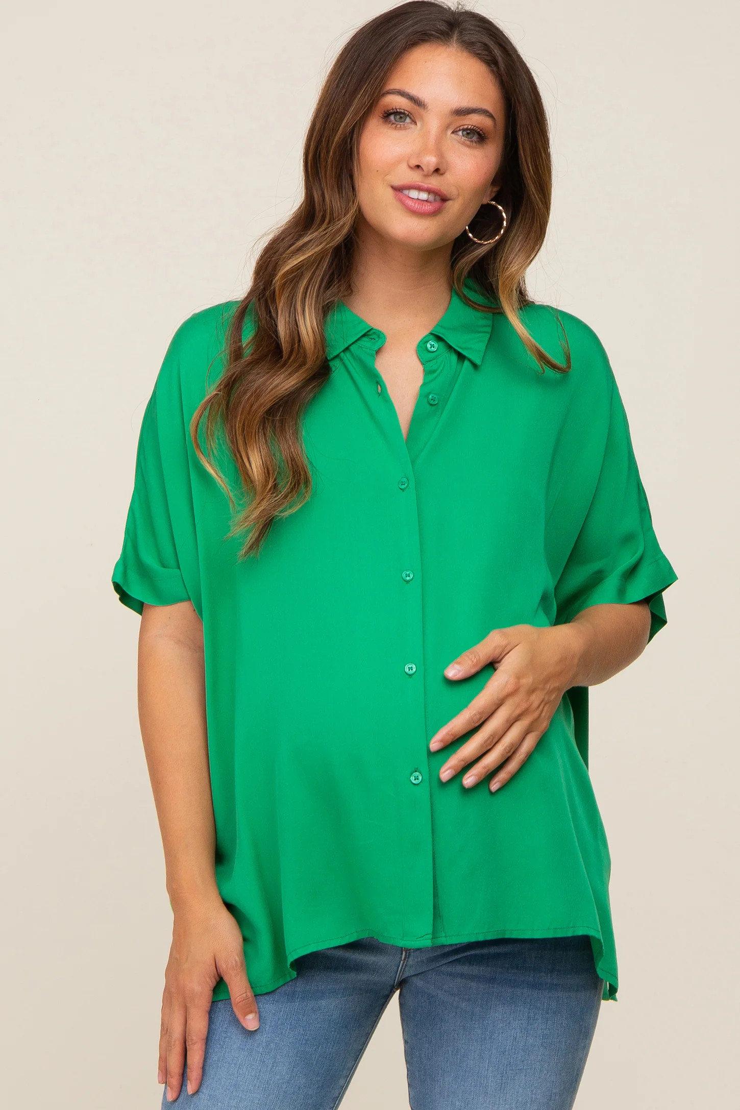 Green Button Up Dolman Short Sleeve Maternity Top | PinkBlush Maternity