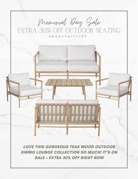 Teak wood outdoor lounge/seating collection on sale + extra 30% off right now!! 

Outdoor arm chair, outdoor sofa, outdoor coffee table, and more

#LTKhome #LTKFind #LTKsalealert