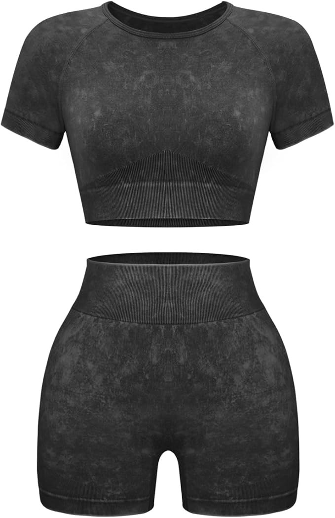 OLCHEE Womens Workout Sets 2 Piece - Seamless Acid Wash Yoga Outfits Shorts and Crop Top Matching... | Amazon (US)