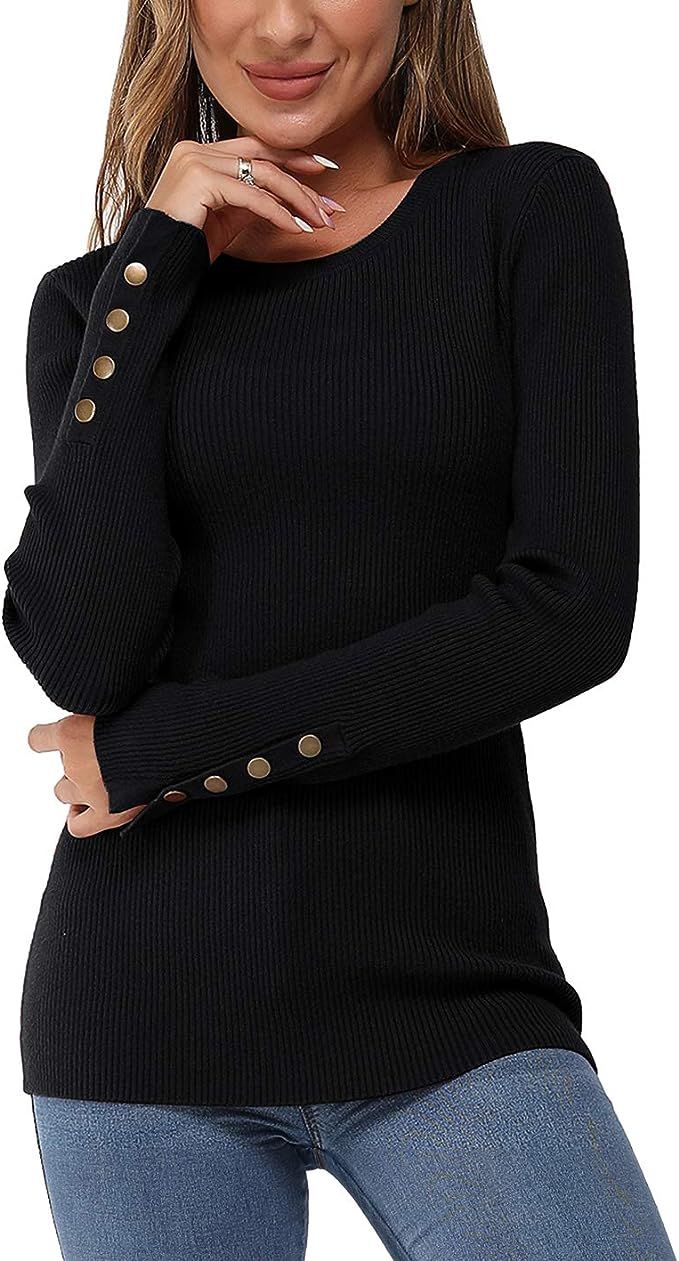 Newshows Women's Solid Long Sleeve Knit Crew Neck Button Stretch Casual Pullover Sweater | Amazon (US)