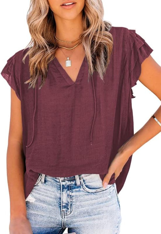 Dokotoo Women's Casual V Neck Tops Drawstring Short Sleeve T Shirt Blouses | Amazon (US)