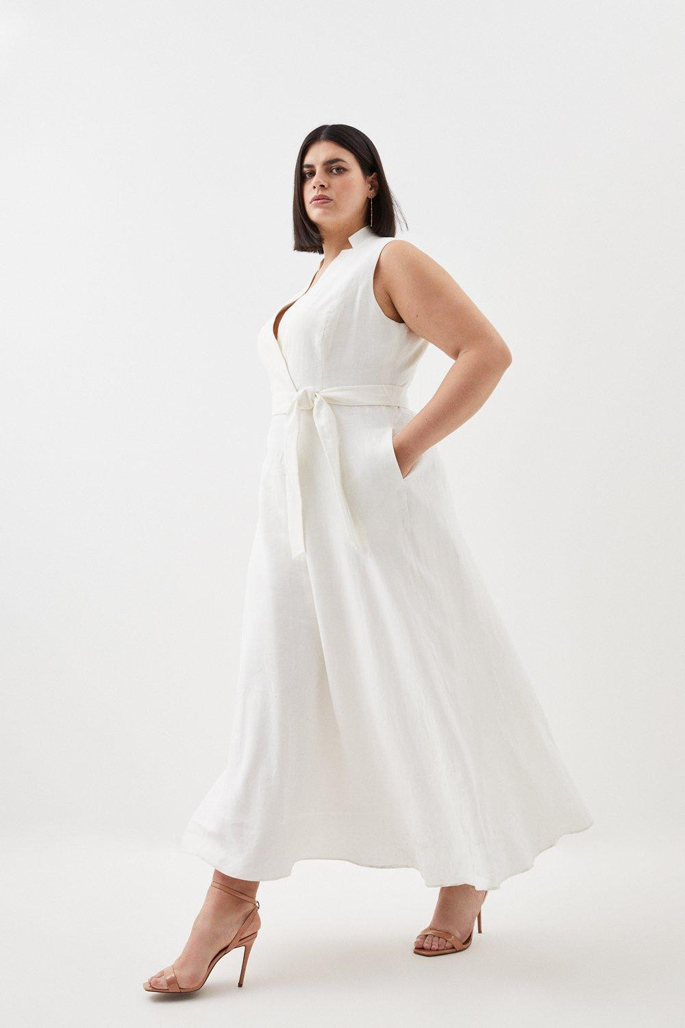 Plus Size Linen Wrap Tie Waisted Maxi Dress | Karen Millen UK + IE + DE + NL