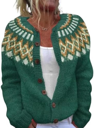 HOTYD Fair Isle Cardigan Sweaters for Women Crew Neck Loose Fit Button Up Chunky Sweater Open Fro... | Amazon (US)