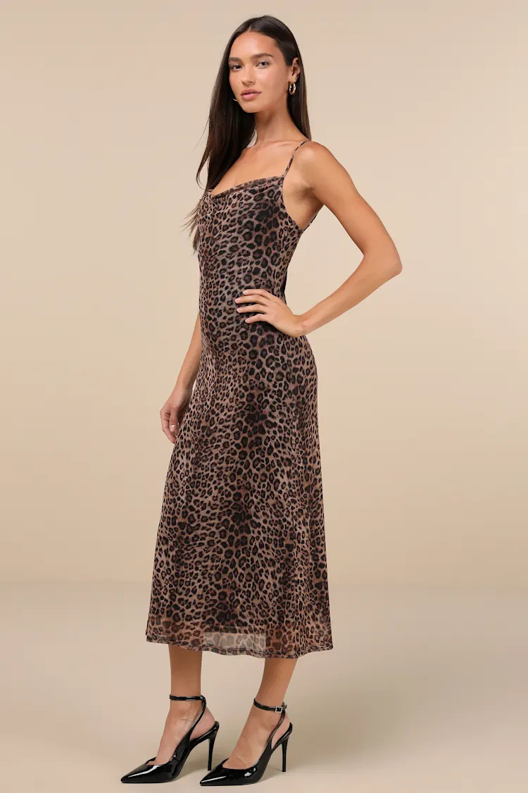 Flirty Destiny Brown Leopard Print Mesh Cowl Neck Midi Dress | Lulus