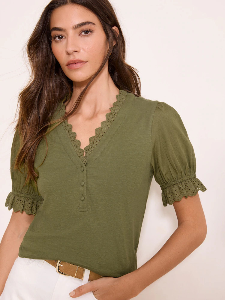 Lipsy Khaki Green V-Neck Trim Detail Button Through Jersey Top | Next EU