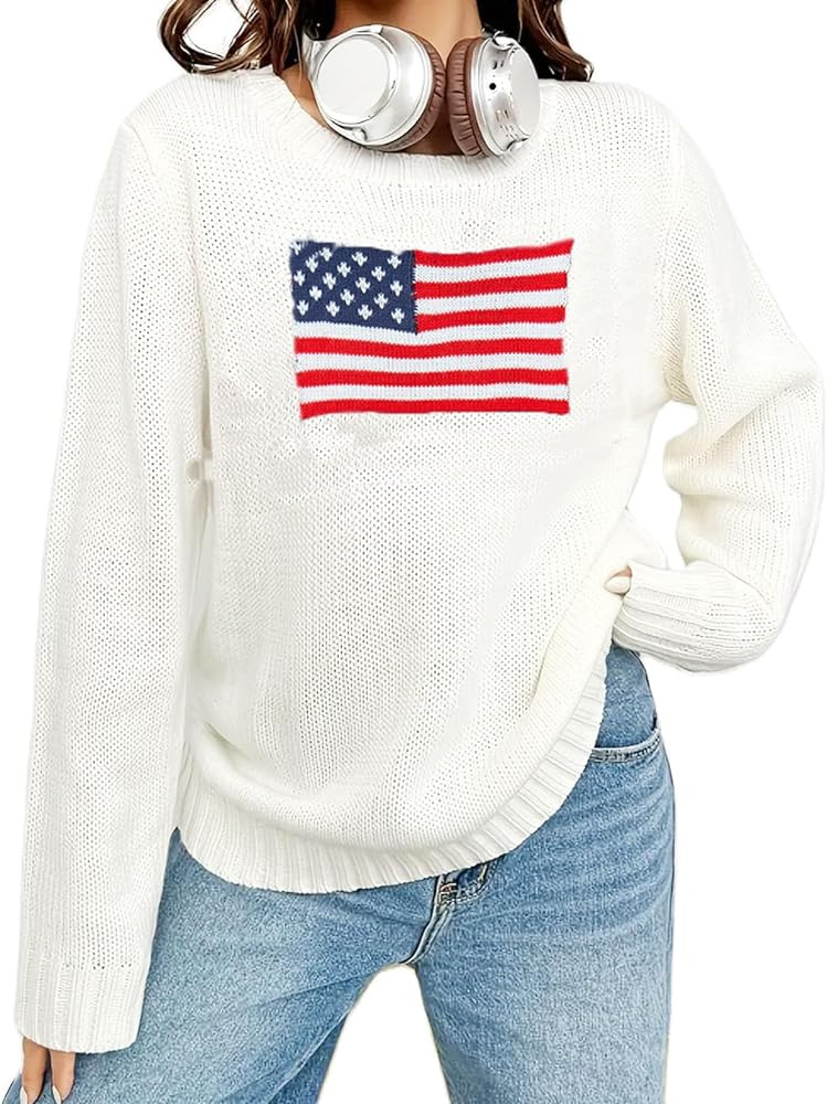 Womens Y2k Vintage Sweater American Flag Long Sleeve Jumper Crew Neck Loose Knit Pullover Preppy ... | Amazon (US)
