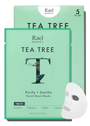 Rael Face Mask Skin Care, Tea Tree Face Masks - Bamboo Facial Sheet Mask, Korean Skincare, with Tea Tree Oil and Fruit Extracts, All Skin Types (Tea Tree, 5 Sheets) | Amazon (US)