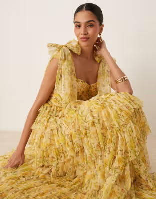 Lace & Beads bow shoulder tiered tulle maxi dress in yellow floral | ASOS (Global)