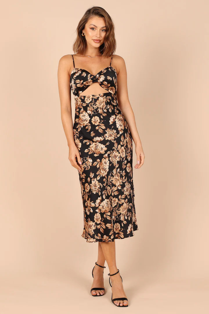 SAGA CUT OUT MIDI DRESS - BLACK FLORAL | Petal & Pup (US)
