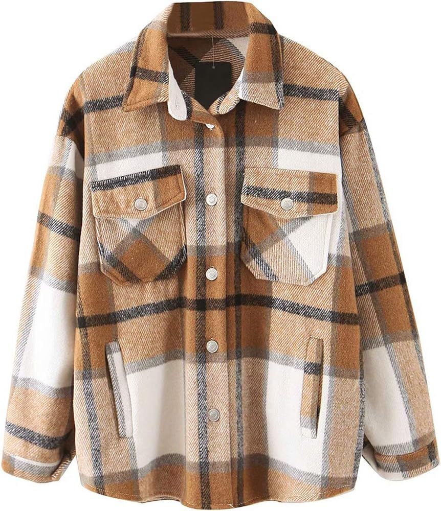 Women's Girl Plaid Button Down Long Sleeve Shacket Jacket Coat Warm Shirt Blouse Casual Outwear with | Amazon (US)