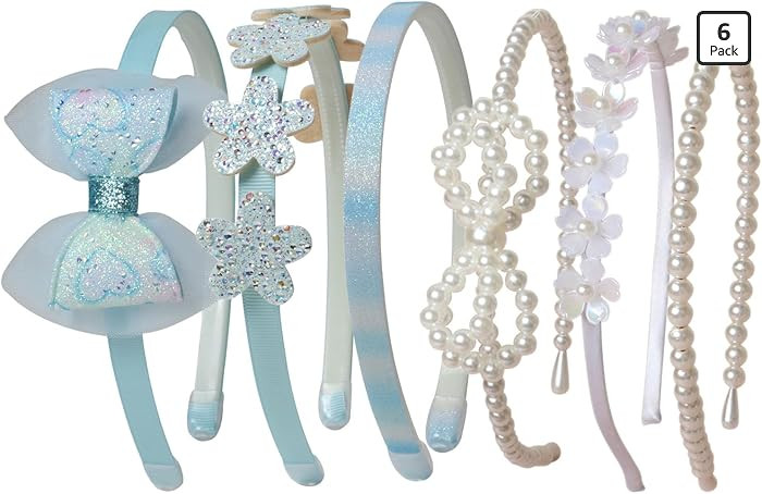 6 Pack Girls Headbands Cute Glittery Blue Bow Flower Headband Non Slip Sweet Pearl Head band for ... | Amazon (US)