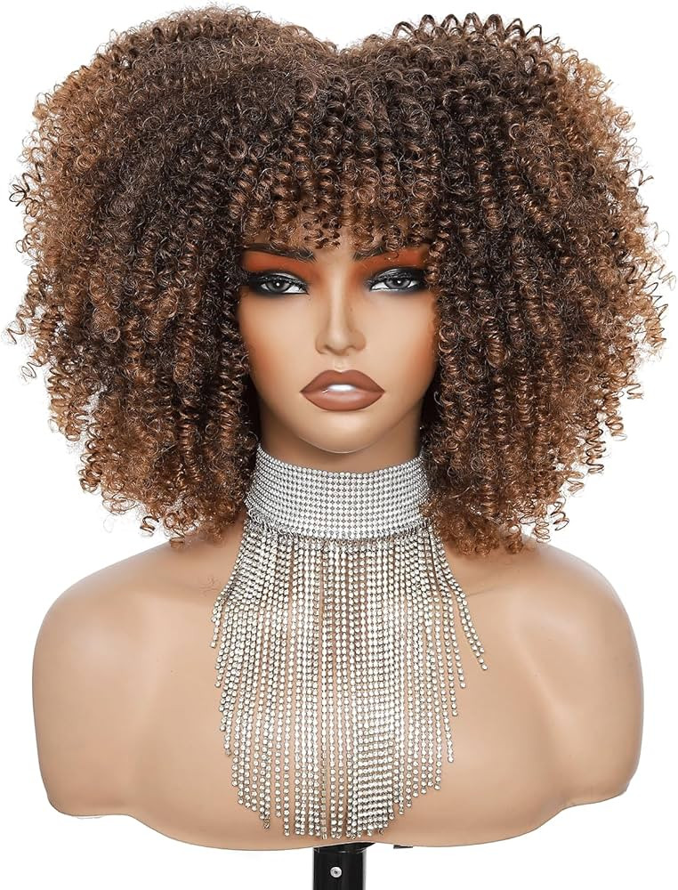 Afro Curly Wig with Bangs, 11 Inch Voluminous Natural Curly Synthetic Fiber Glueless Curly Bob Wi... | Amazon (US)