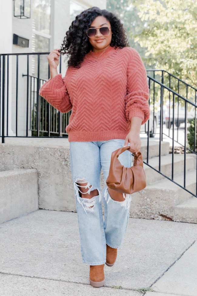 All That You Are Rust Fuzzy Herringbone Sweater | Pink Lily