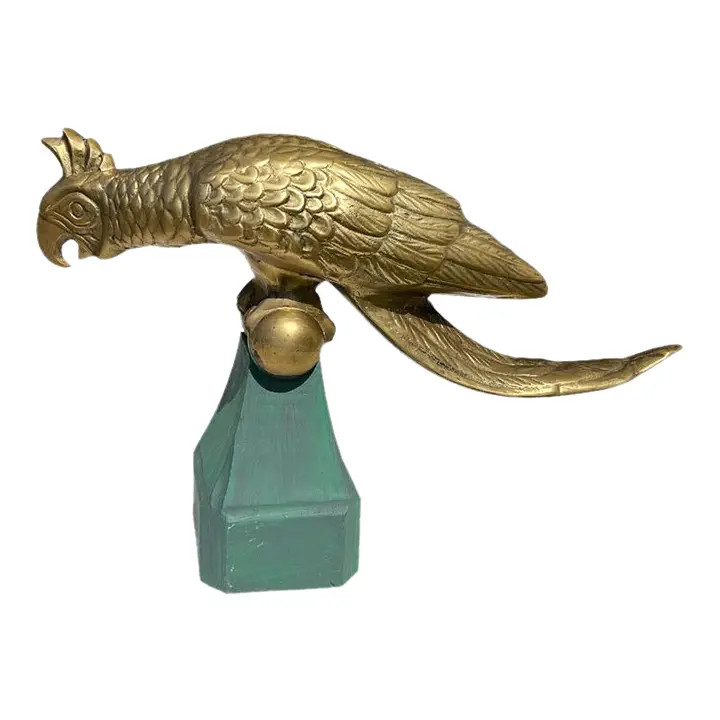 Large Vintage Brass Cockatoo or Parrot Bird Sculpture on Green Wood Base | Chairish