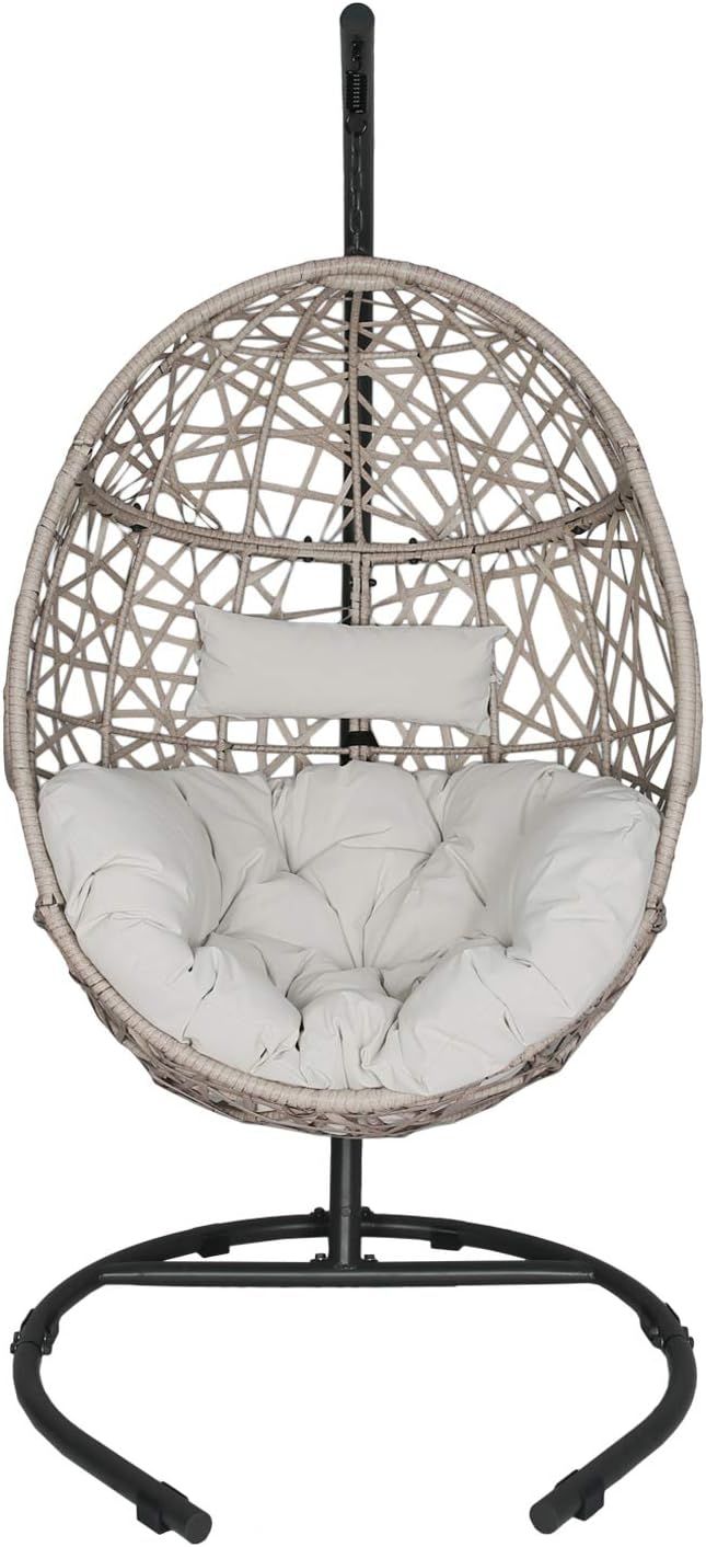 Outdoor Patio Wicker Hanging Basket Swing Chair Tear Drop Egg Chair with Cushion and Stand (Beige... | Amazon (US)