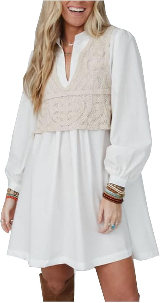 SCOFEEL Women's Long Sleeve Shirt Dress V Neck Ruffle Swing Tunic Dress Loose Casual Summer Short... | Amazon (US)