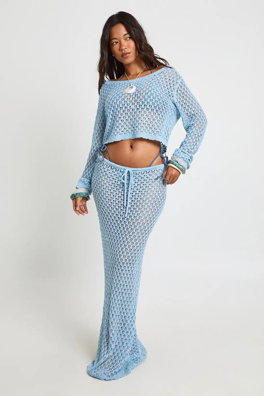 Blue Crochet Knit Beach Maxi Skirt | Boohoo | Boohoo.com (UK & IE)