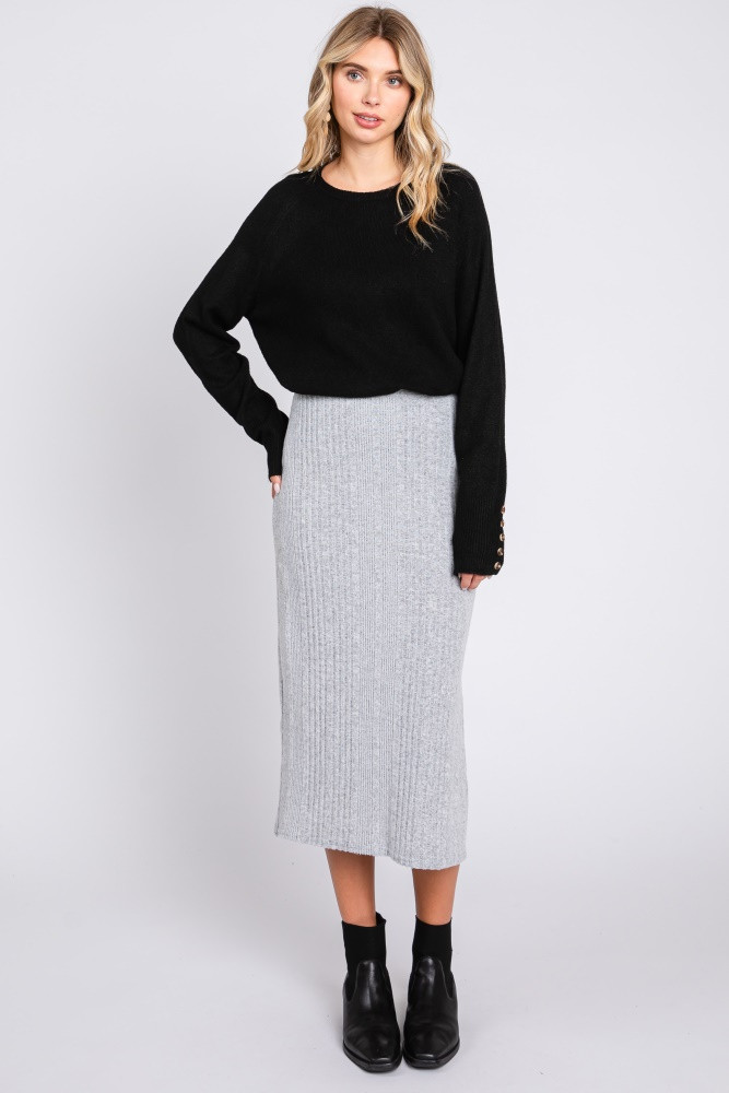 Heather Grey Soft Knit Ribbed Side Slit Midi Skirt | PinkBlush Maternity