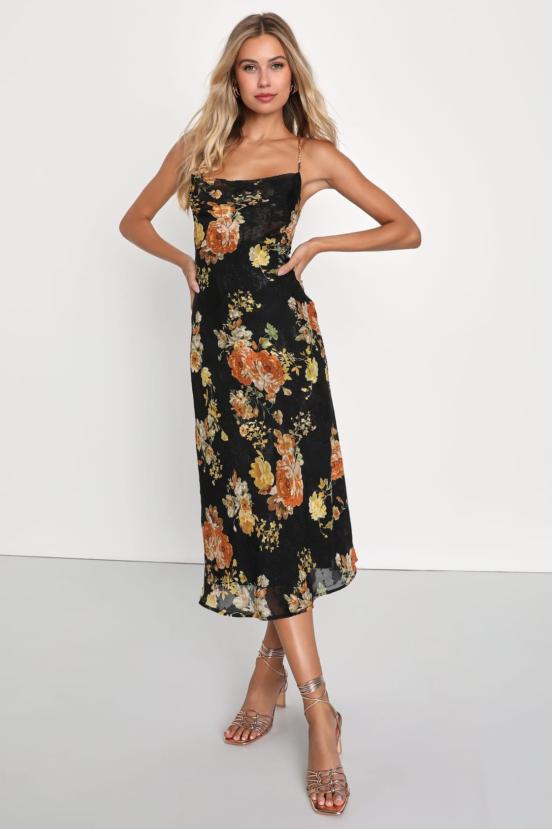 Petal Prowess Black Floral Print Lace-Up Cowl Midi Dress | Lulus (US)