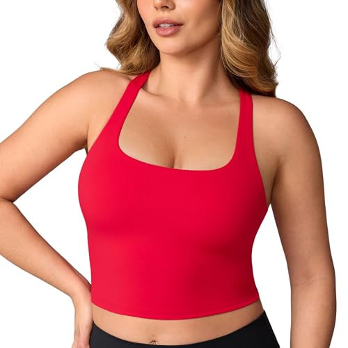 UNISSU Hugcurve Adjustable Racerback Longline Sports Bras Square Neck Padded Yoga Workout Crop Tank Tops for Women Aurora Red Small | Amazon (US)