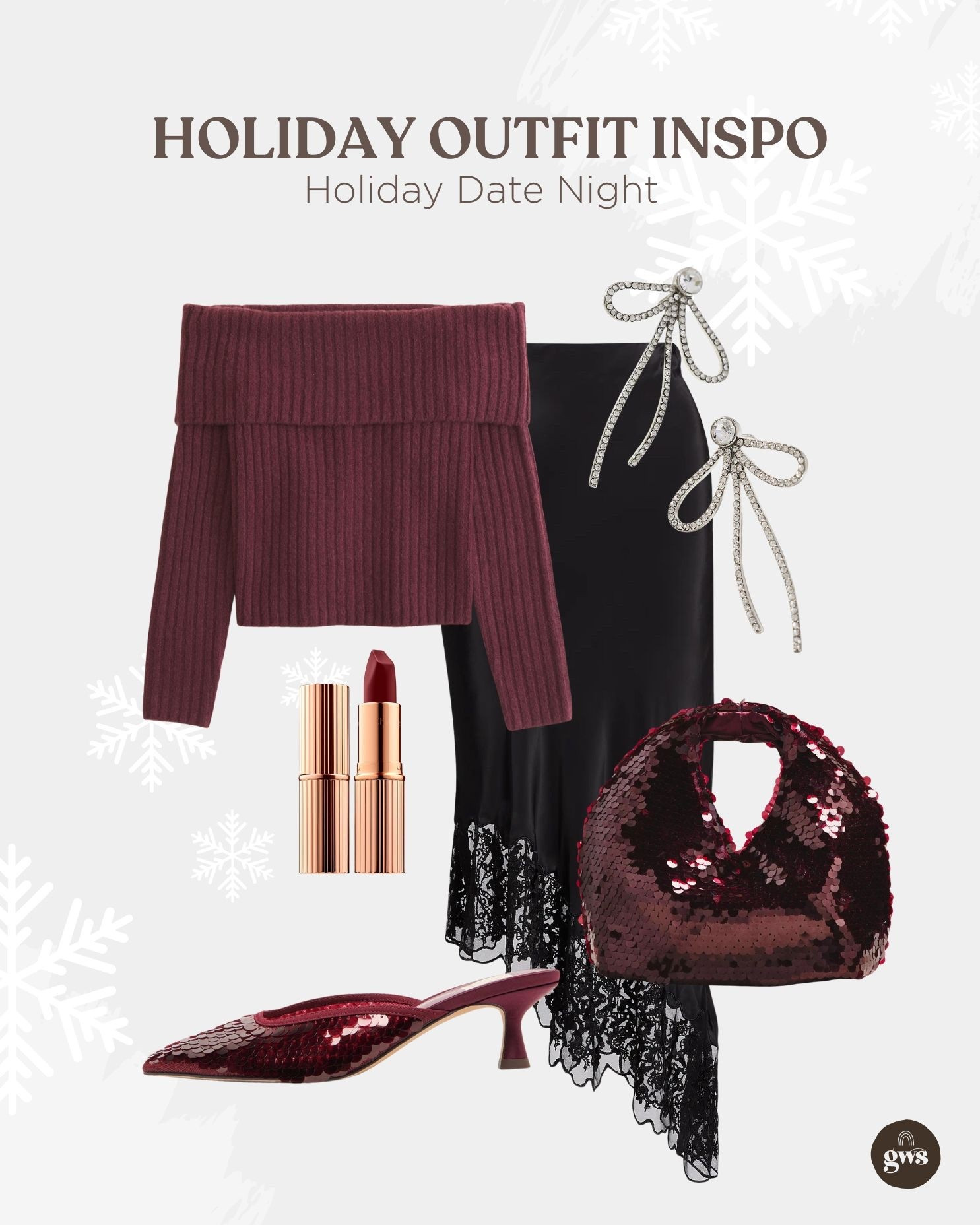 Holiday Outfit Inspo - for a holiday date night or holiday office party. Love this chic look with a cozy maroon sweater, black slip skirt and silver bow earrings. Pair it with a fun bag and shoes! 

#LTKSeasonal #LTKHoliday