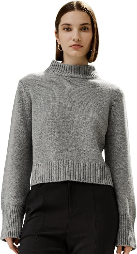 LilySilk Wool Cashmere Sweater for Women Pullover Ribbed Semi High Collar and Hemline Wide Sleeve... | Amazon (US)
