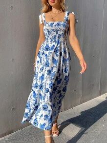 Floral Print Knot Straps Shirred Bodice Cami Dress SKU: swdress23210508991(1000+ Reviews)$17.99$1... | SHEIN