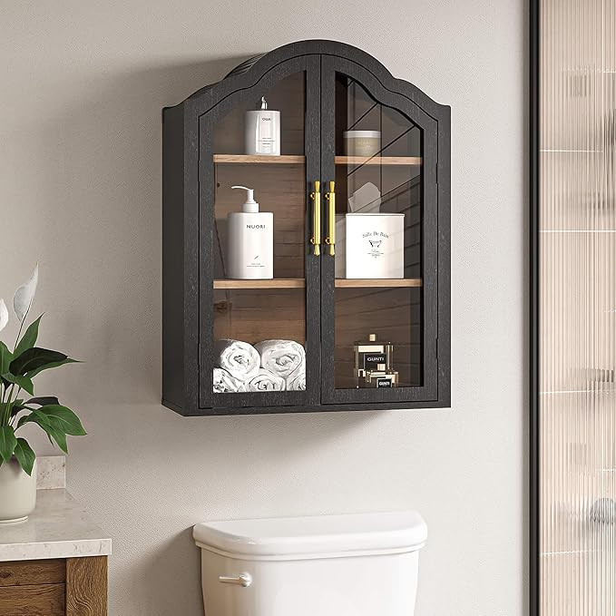 FIMELLO 23.6’’W Wave Design Arched Wall Cabinet, Bathroom Cabinet with Glass Doors Adjustable... | Amazon (US)