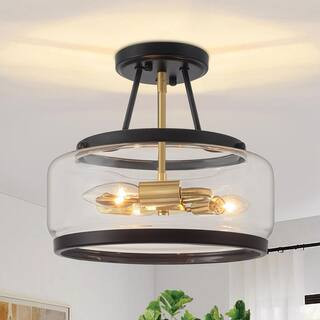 11.8 in. 3-Light Matte Black And Gold Modern Glass Drum Semi Flush Mount Ceiling Light Fixture For Dinning Room | The Home Depot