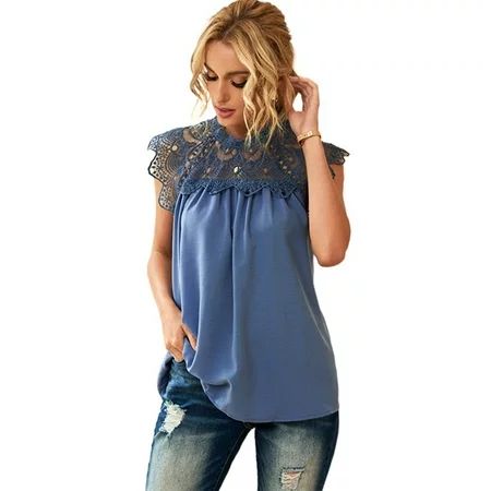 Softmallow Women s Lace Crochet Neck Blouses Casual Ruffle Sleeveless Loose Shirt Tops Blue XL | Walmart (US)